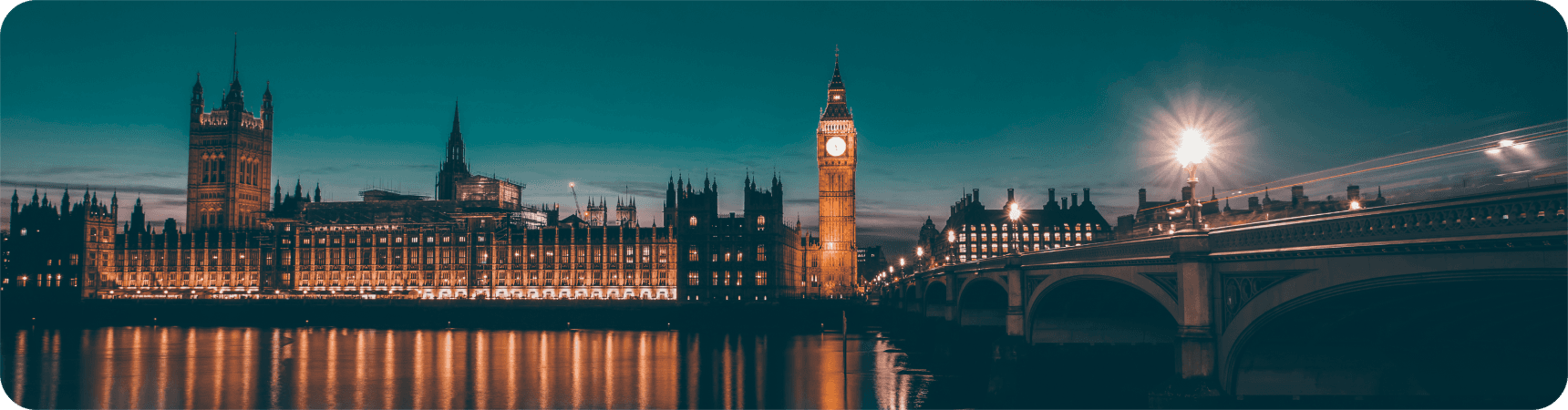 London skyline featuring the Houses of Parliament and Big Ben at night