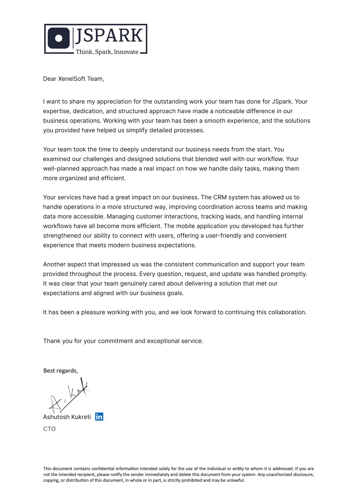 Testimonial letter from JSPARK