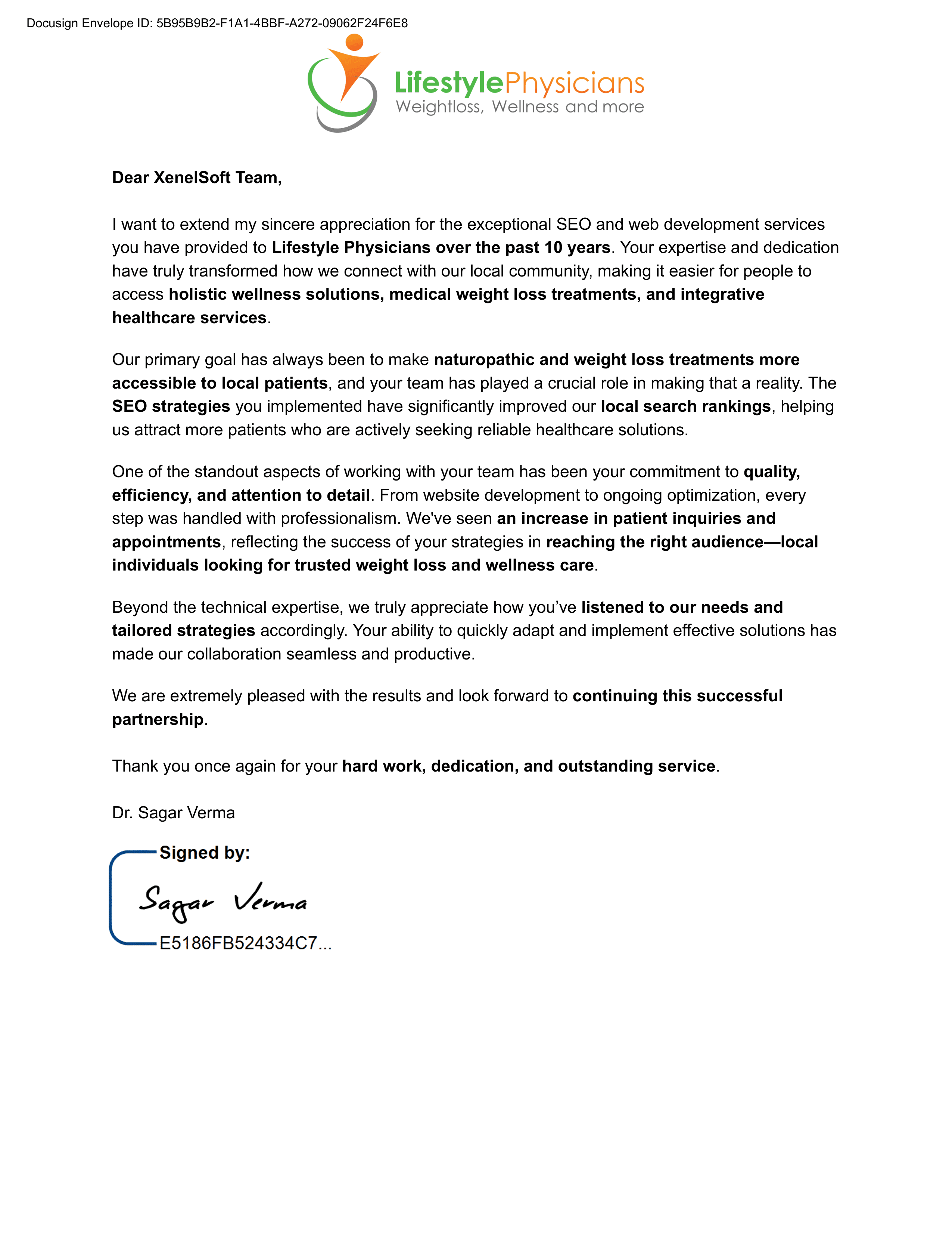 Testimonial letter from Lifestyle Physicians