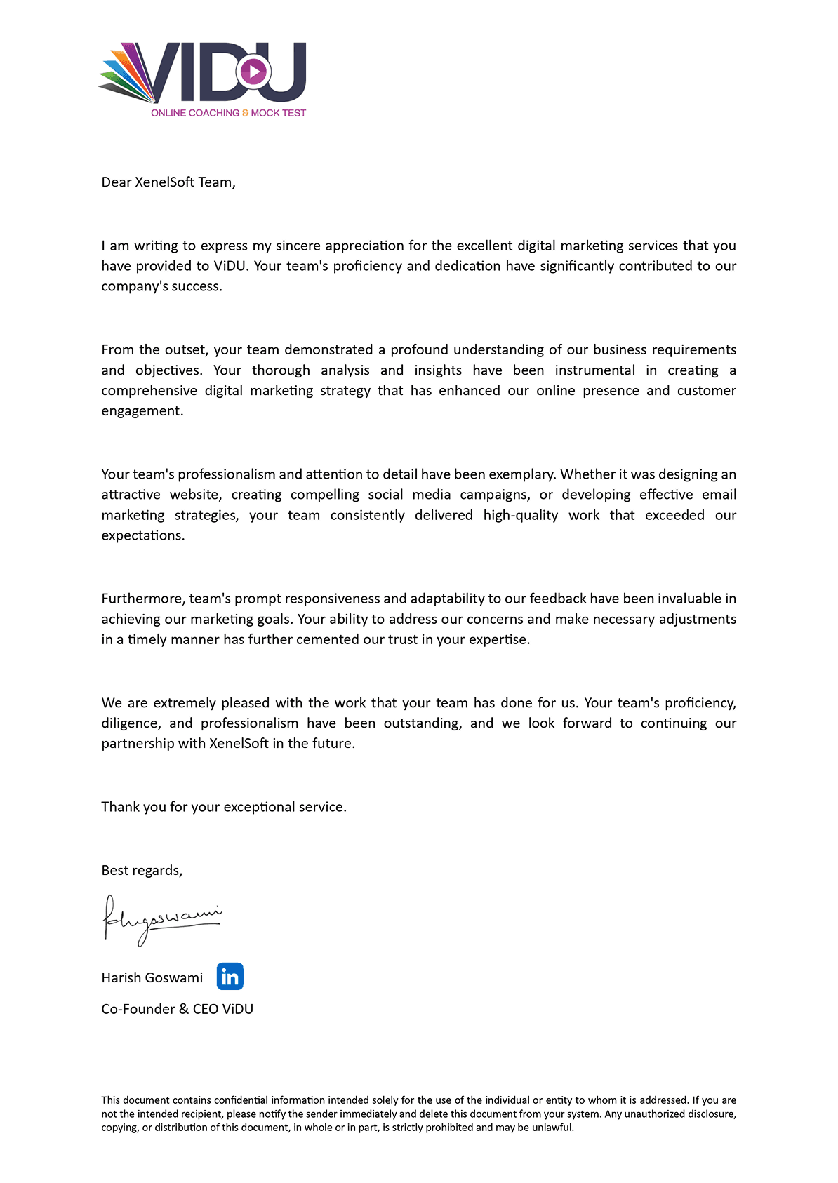 Testimonial letter from VIDU