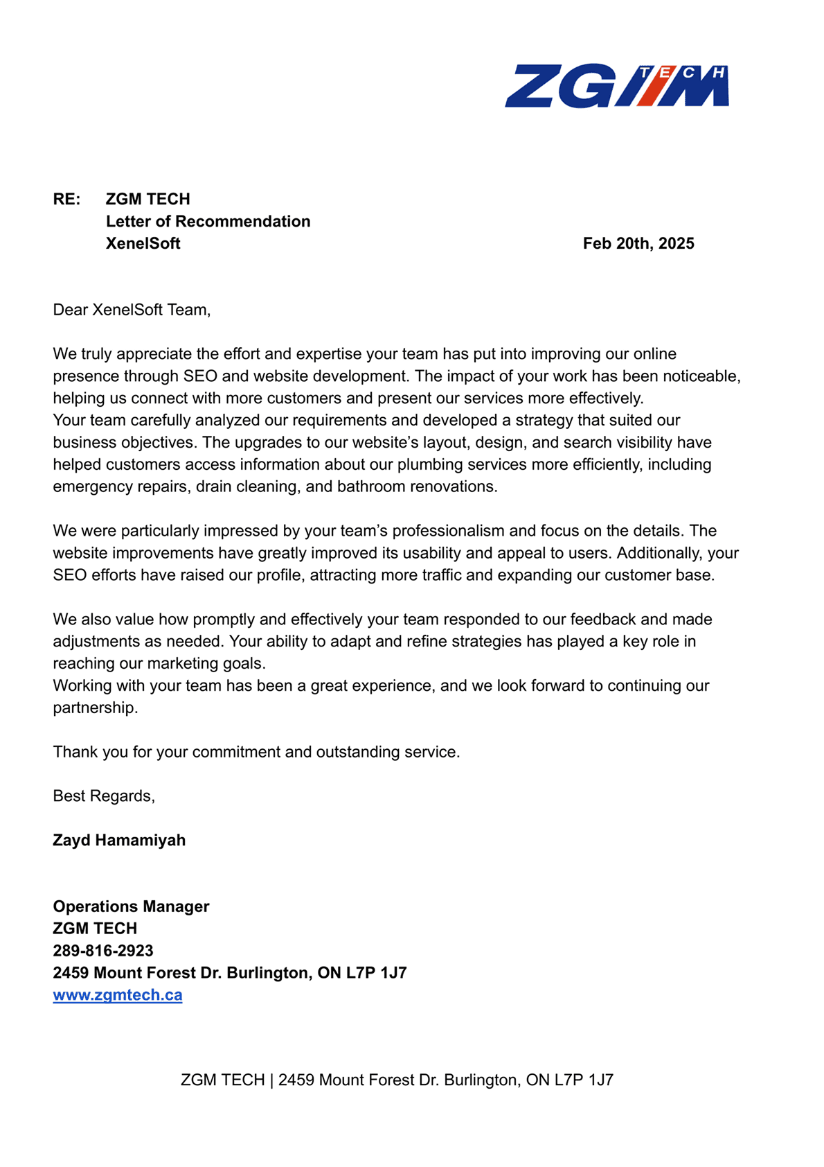 Testimonial letter from ZGM TECH