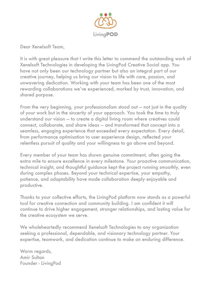Testimonial letter from LivingPod