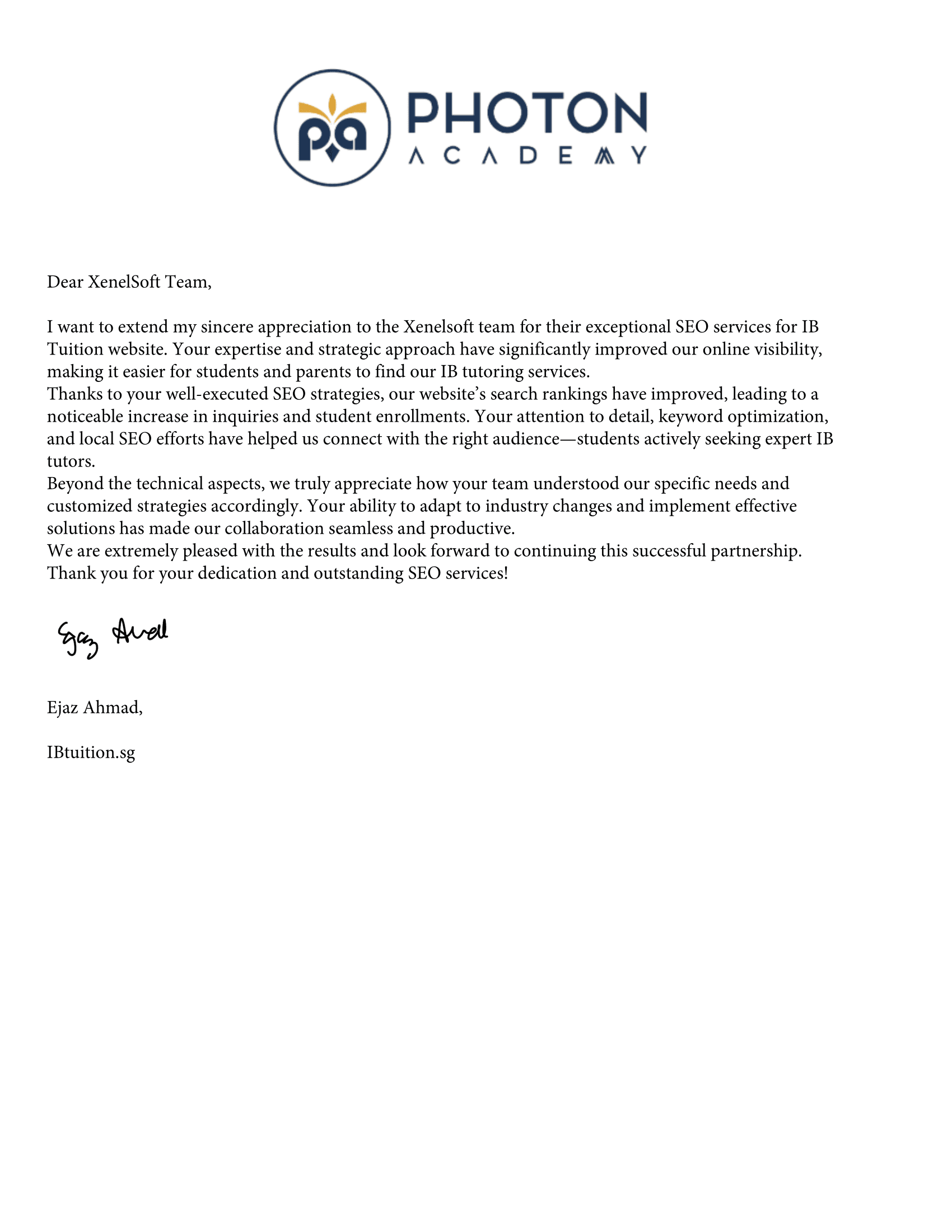 Testimonial letter from Photon Academy